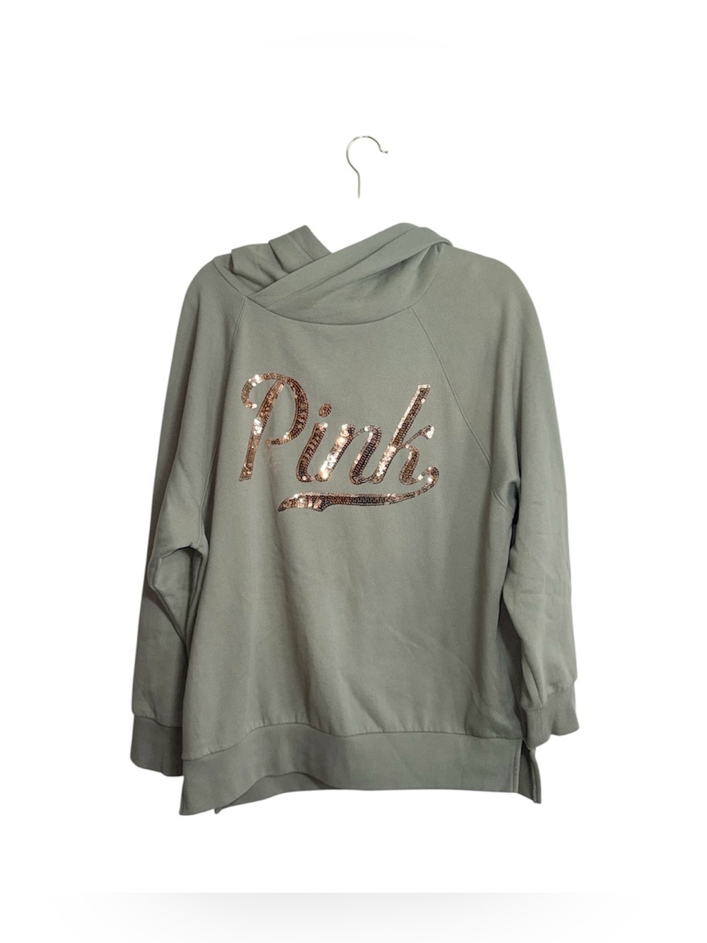 Victoria’s Secret PINK Gold Sequin Logo Oversized Sweatshirt Light Green Medium